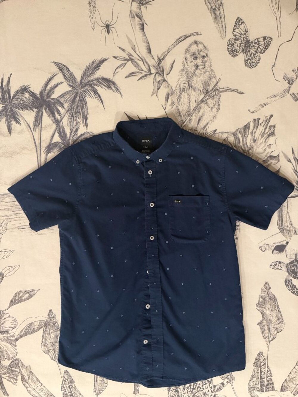 RVCA Men's M Slim Fit Navy Dot Print Short Sleeve Button Up Shirt